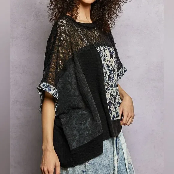 POL Women's Sheer Casual Crochet Patchwork Lace Accent Baggy Knit Shirt sz Mediu